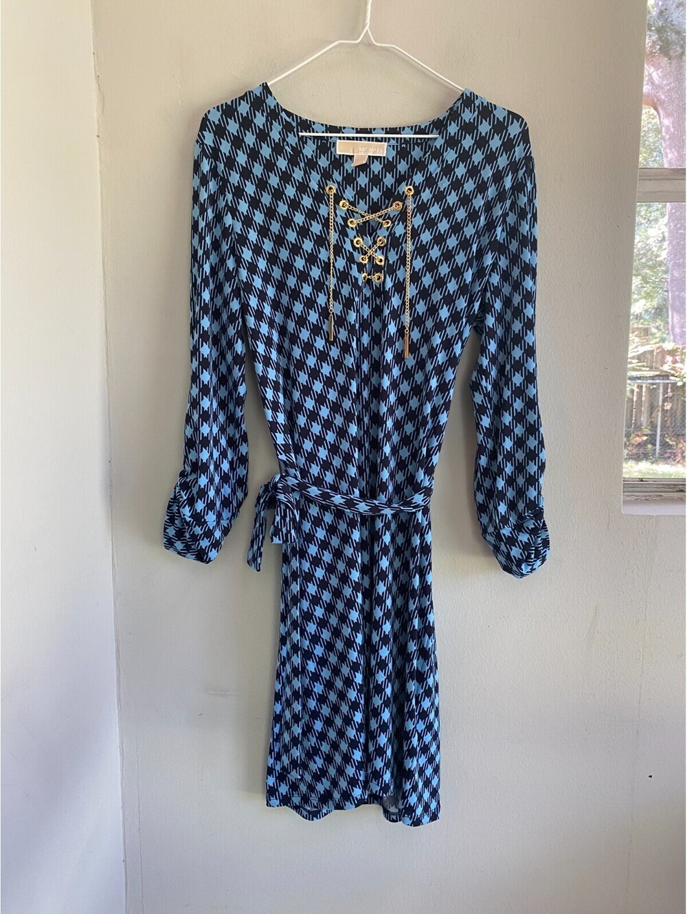 Michael Kors Women's Blue Houndstooth Print Lace Up Gold Chain Dress Sz S